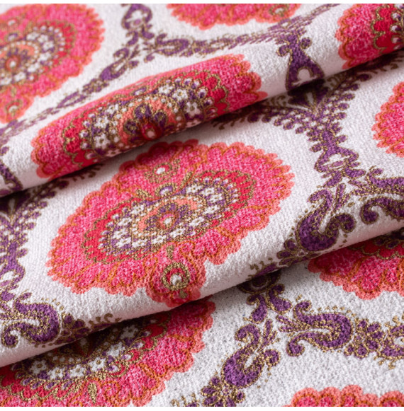 Tissu-éponge-vintage-authentique-années-60-70-fines-bouclettes-sur-une-face-style-indien-rose-et-mauve