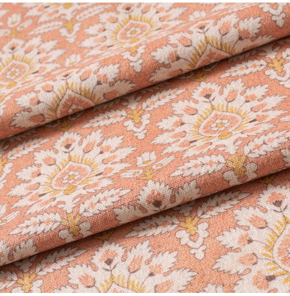 Tissu-280cm-coton-lin-graté-art-nouveau-ocre-fond-orange-chiné