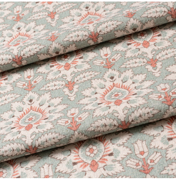 Tissu-280cm-coton-lin-graté-art-nouveau-rouge-fond-vert-de-gris-chiné