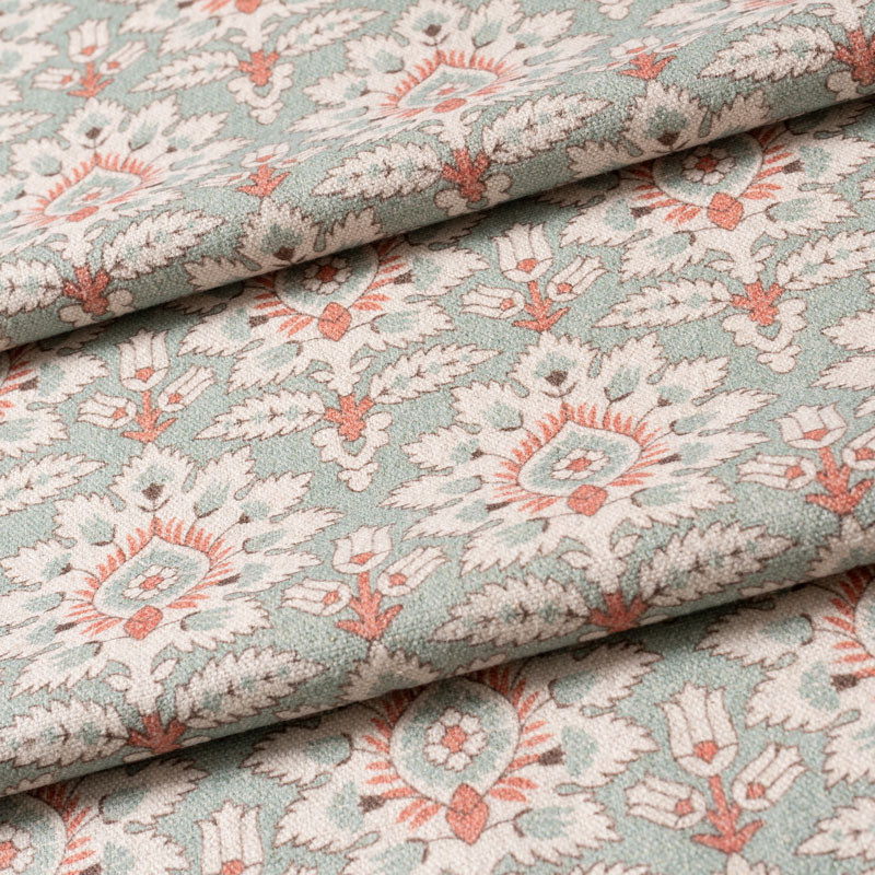 Tissu-280cm-coton-lin-graté-art-nouveau-rouge-fond-vert-de-gris-chiné