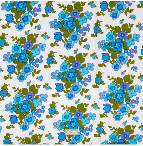 TISSU-ÉPONGE-VINTAGE-AUTHENTIQUE-DES-ANNÉES-60-70--FLEURS-BLEUES-SUR-FOND-BLANC