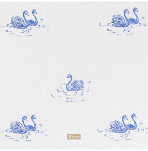 TISSU-ÉPONGE-VINTAGE-AUTHENTIQUE-DES-ANNÉES-60-70--CYGNES-BLEUS-SUR-FOND-BLANC