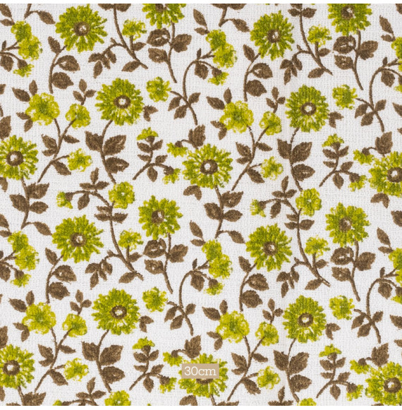 TISSU-ÉPONGE-VINTAGE-AUTHENTIQUE-DES-ANNÉES-60-70--PETITES-FLEURS-VERTES-SUR-FOND-BLANC