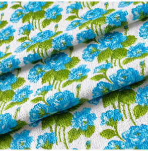 TISSU-ÉPONGE-VINTAGE-AUTHENTIQUE-DES-ANNÉES-60-70--PETITES-FLEURS-BLEUES-SUR-FOND-BLANC