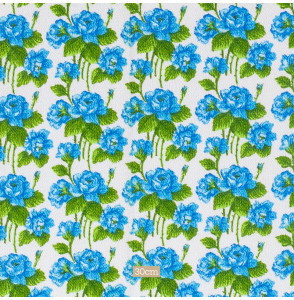 TISSU-ÉPONGE-VINTAGE-AUTHENTIQUE-DES-ANNÉES-60-70--PETITES-FLEURS-BLEUES-SUR-FOND-BLANC