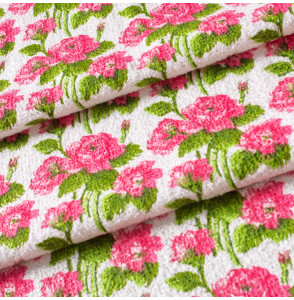 TISSU-ÉPONGE-VINTAGE-AUTHENTIQUE-DES-ANNÉES-60-70--PETITES-FLEURS-ROSES-SUR-FOND-BLANC