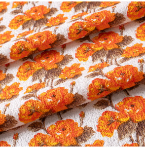 TISSU-ÉPONGE-VINTAGE-AUTHENTIQUE-DES-ANNÉES-60-70--PETITES-FLEURS-ORANGES-SUR-FOND-BLANC-