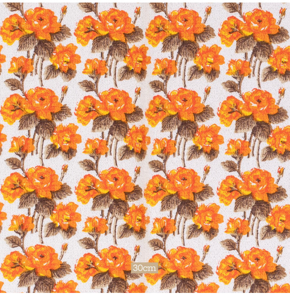 VINTAGE-BADSTOF--AUTHENTIEK-UIT-DE-JAREN-60-EN-70-KLEINE-ORANJE-BLOEMEN-OP-EEN-WITTE-ACHTERGROND