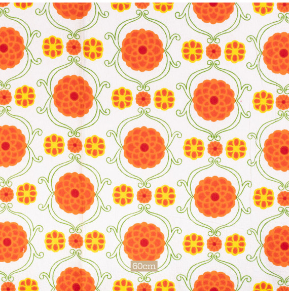 TISSU-ÉPONGE-VINTAGE-AUTHENTIQUE-DES-ANNÉES-60-70--FLEURS-ORANGES-ET-JAUNES-SUR-FOND-BLANC