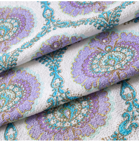 TISSU-ÉPONGE-VINTAGE-AUTHENTIQUE-DES-ANNÉES-60-70--MÉDAILLONS-MAUVES-SUR-FOND-BLANC-ET-BLEU