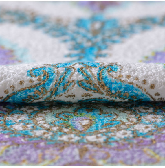 TISSU-ÉPONGE-VINTAGE-AUTHENTIQUE-DES-ANNÉES-60-70--MÉDAILLONS-MAUVES-SUR-FOND-BLANC-ET-BLEU