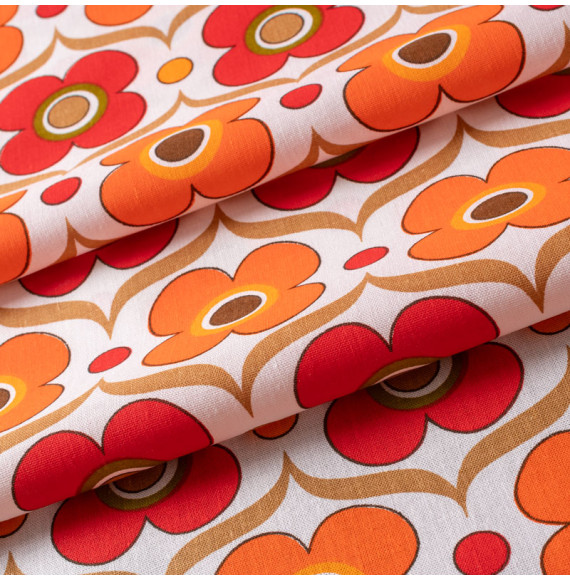 AUTHENTIEKE-VINTAGE-KATOENEN-STOF-RODE-EN-ORANJE-BLOEMEN