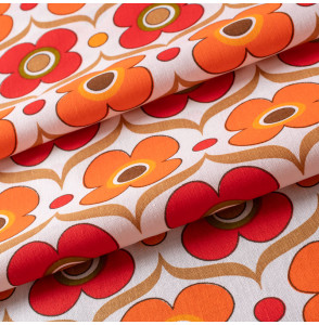 AUTHENTIEKE-VINTAGE-KATOENEN-STOF-RODE-EN-ORANJE-BLOEMEN
