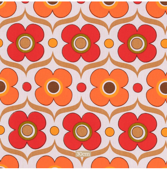 AUTHENTIEKE-VINTAGE-KATOENEN-STOF-RODE-EN-ORANJE-BLOEMEN