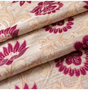 TISSU-EN-JACQUARD-DE-COTON-AUTHENTIQUE-VINTAGE-FLORAL-MAUVE-SUR-FOND-ÉCRU