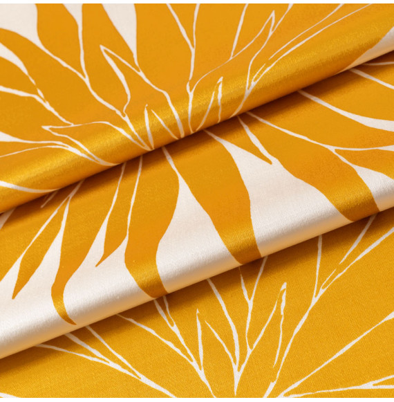 TISSU-VINTAGE-AUTHENTIQUE-EN-TOILE-DE-COTON--SATINÉE-CHRYSANTHÈME-OCRE-SUR-FOND-BLANC-CASSÉ