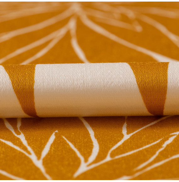 TISSU-VINTAGE-AUTHENTIQUE-EN-TOILE-DE-COTON--SATINÉE-CHRYSANTHÈME-OCRE-SUR-FOND-BLANC-CASSÉ