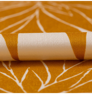 TISSU-VINTAGE-AUTHENTIQUE-EN-TOILE-DE-COTON--SATINÉE-CHRYSANTHÈME-OCRE-SUR-FOND-BLANC-CASSÉ