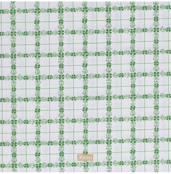 TISSU-VINTAGE-AUTHENTIQUE-EN-TOILE-DE-COTON-QUADRILLAGE-FLEURI-VERT-SUR-FOND-BLANC