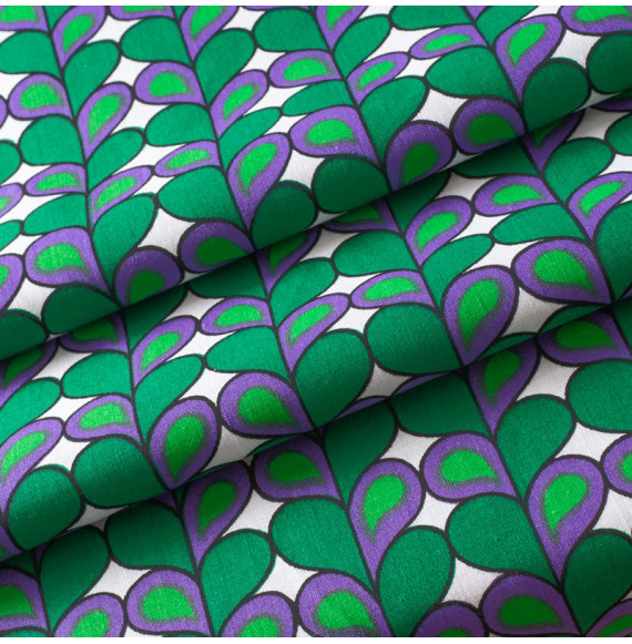 AUTHENTIEKE-VINTAGE-KATOENEN-STOF-GROENE-EN-MAUVE-BLADEREN