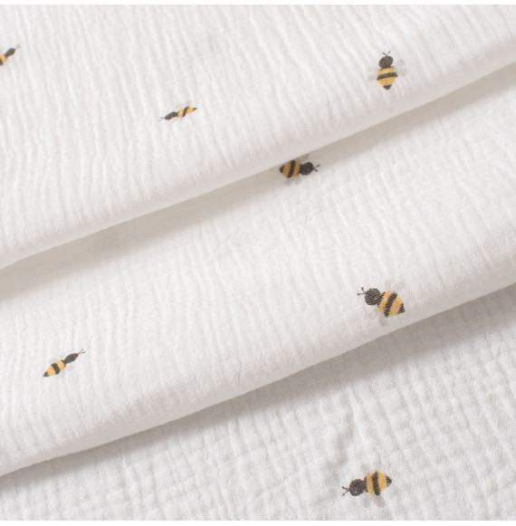 Tissu-tetra-double-gaze-blanc-cassé-imprimé-abeilles