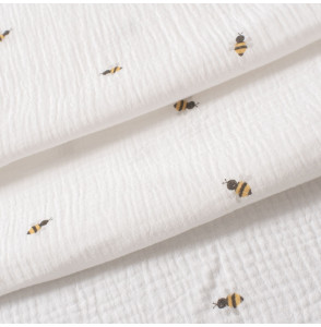 Tissu-tetra-double-gaze-blanc-cassé-imprimé-abeilles