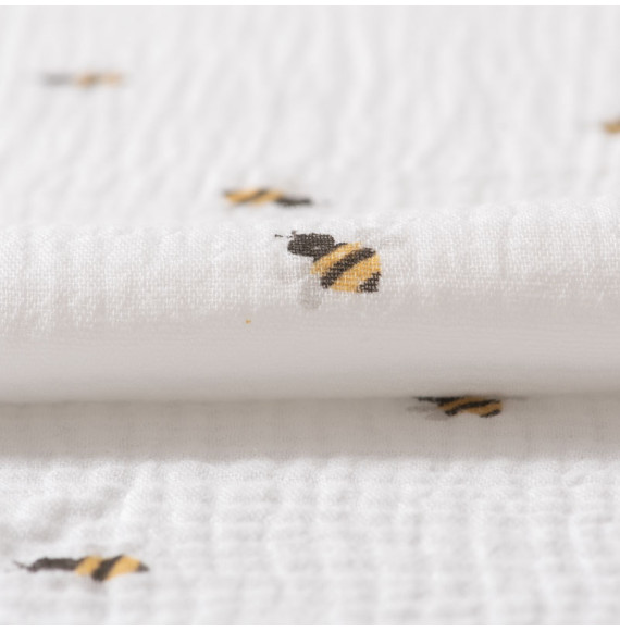 Tissu-tetra-double-gaze-blanc-cassé-imprimé-abeilles