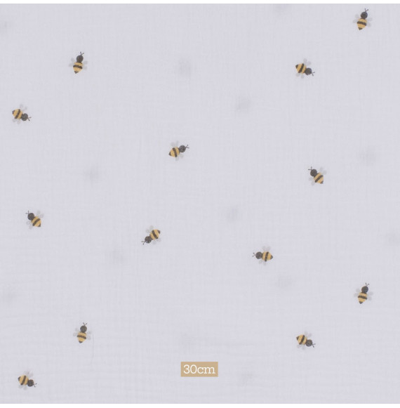 Tissu-tetra-double-gaze-blanc-cassé-imprimé-abeilles