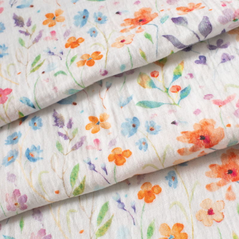 Tissu-tetra-double-gaze-blanc-cassé-imprimé-fleuri-multicolore