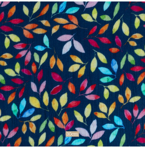 Tissu-double-gaze-imprimé-feuillage-multicolore-sur-fond-bleu-marine