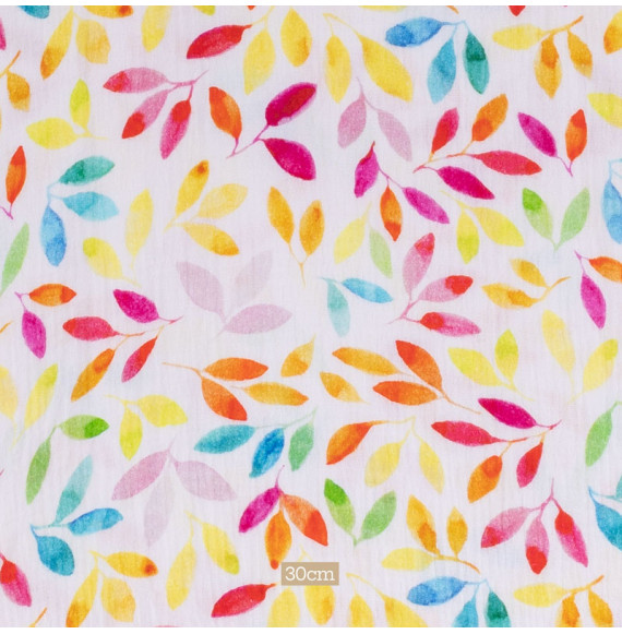 Tissu-double-gaze-imprimé-feuillage-multicolore-sur-fond-blanc