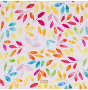 Tissu-double-gaze-imprimé-feuillage-multicolore-sur-fond-blanc