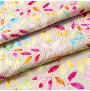 Tissu-double-gaze-imprimé-feuillage-multicolore-sur-fond-greige