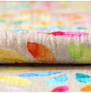 Tissu-double-gaze-imprimé-feuillage-multicolore-sur-fond-greige