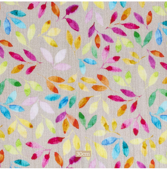 Tissu-double-gaze-imprimé-feuillage-multicolore-sur-fond-greige