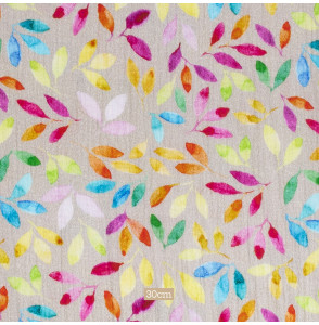 Tissu-double-gaze-imprimé-feuillage-multicolore-sur-fond-greige