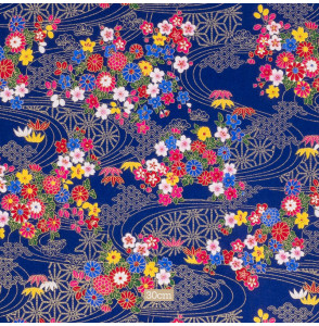 Tissu-coton-bleu-esprit-japonais-fleuri-doré