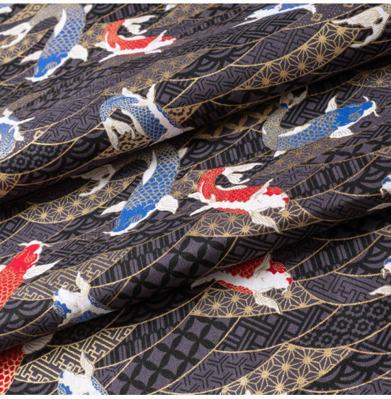 Tissu-coton-anthracite-carpes-esprit-japonais-doré