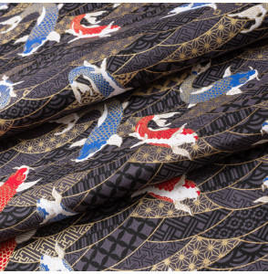 Tissu-coton-anthracite-carpes-esprit-japonais-doré