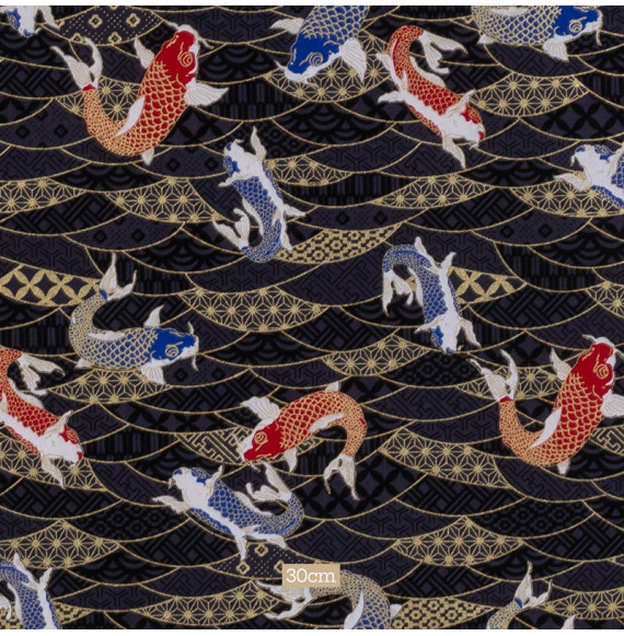 Tissu-coton-anthracite-carpes-esprit-japonais-doré