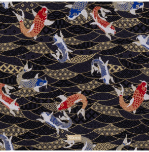 Tissu-coton-anthracite-carpes-esprit-japonais-doré
