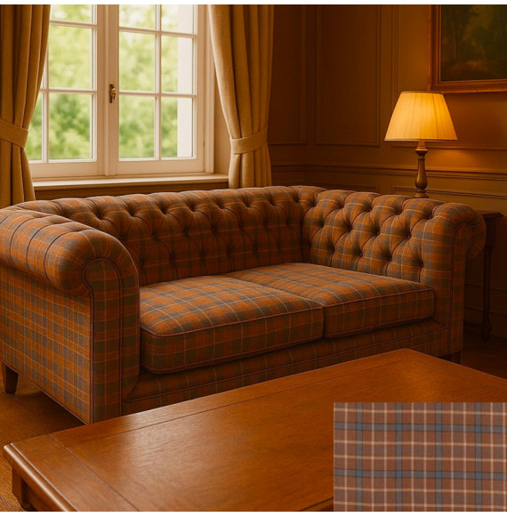 Tissu-lin-lourd-carreaux-tabac-et-gris-bleu