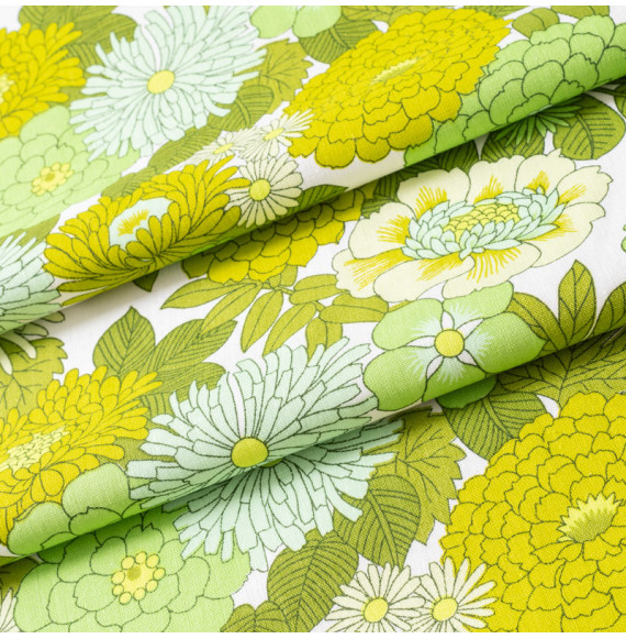 TISSU-VINTAGE-AUTHENTIQUE--FLEURS-VERTES-SUR-FOND-BLANC