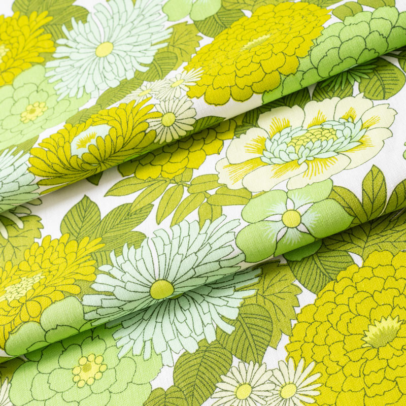 TISSU-VINTAGE-AUTHENTIQUE--FLEURS-VERTES-SUR-FOND-BLANC