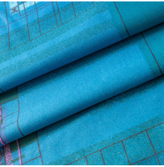 TISSU-VINTAGE-AUTHENTIQUE--GÉOMÉTRIQUE-BLEU-ET-ROSE