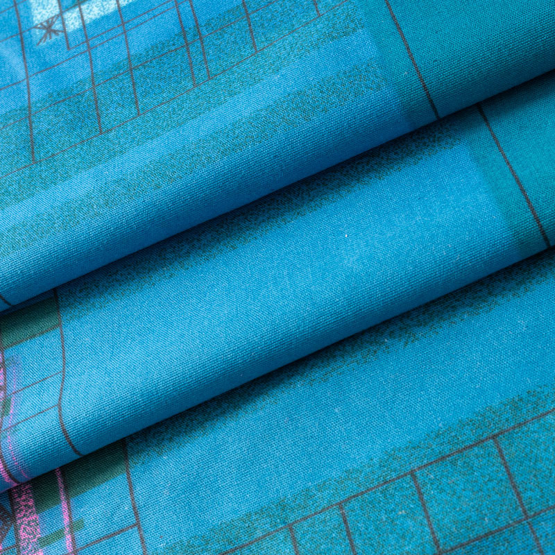 TISSU-VINTAGE-AUTHENTIQUE--GÉOMÉTRIQUE-BLEU-ET-ROSE