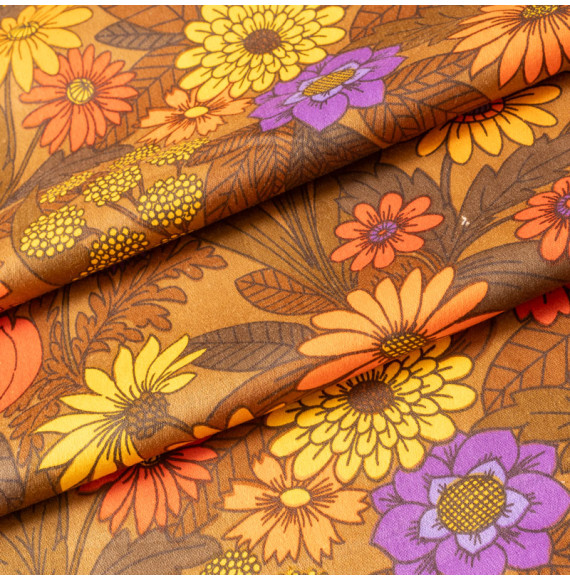 TISSU-VINTAGE-AUTHENTIQUE--FLEURS-SUR-FOND-BRUN