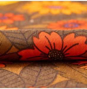 TISSU-VINTAGE-AUTHENTIQUE--FLEURS-SUR-FOND-BRUN