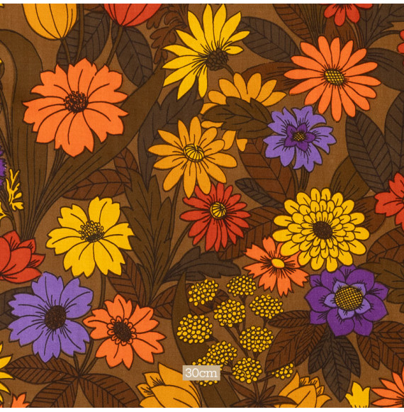 TISSU-VINTAGE-AUTHENTIQUE--FLEURS-SUR-FOND-BRUN