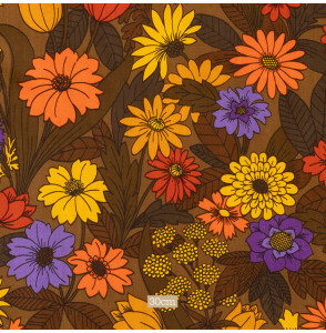 TISSU-VINTAGE-AUTHENTIQUE--FLEURS-SUR-FOND-BRUN
